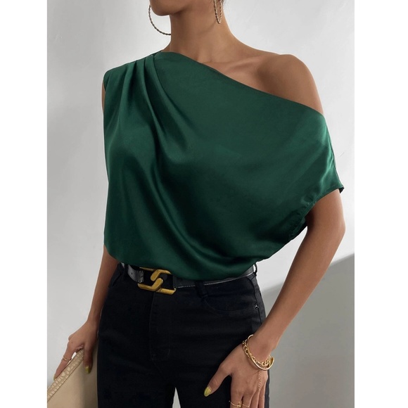 Dark Green Satin Draped Asymmetrical Blouse Top - Picture 6 of 12
